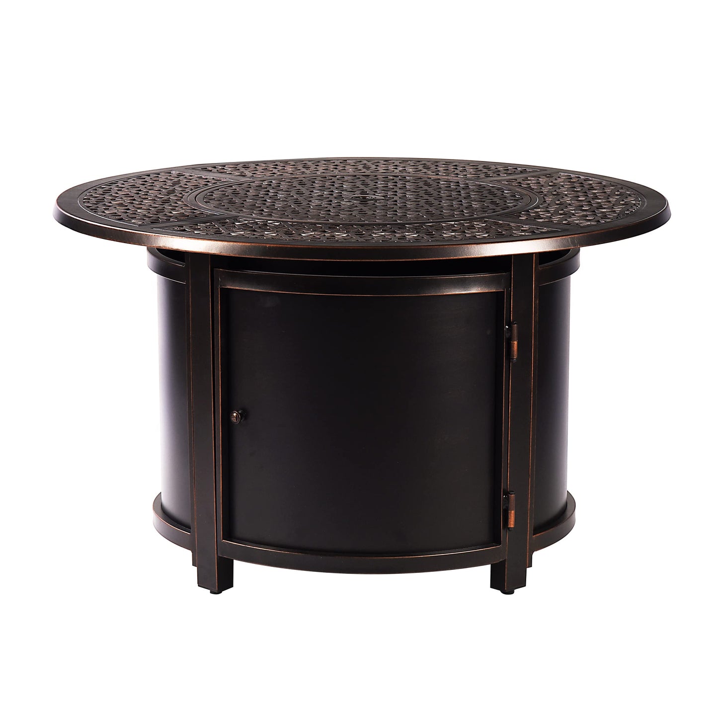 Aluminum 57,0000 BTU 44 in. Round Propane Black Fire Pit Table with Fire Beads, Lid, Propane Tank Cover and Table Fabric Covers in Copper Finish