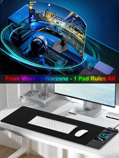 Mouse Pad with Wireless Charging, Large Desk Mat RGB Gaming Mousepad, 10 Light Colors LED Gaming Pad Keyboard Pad with Ultra-Smooth Surface & Non-Slip Rubber Base, Waterproof Full Desk Mouse Pad
