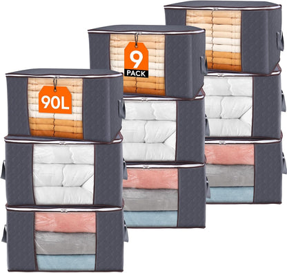 Lifewit 90L Clothes Storage Bins - 9 Pack Foldable Bags with Zippers & Clear Window for Easy Organization