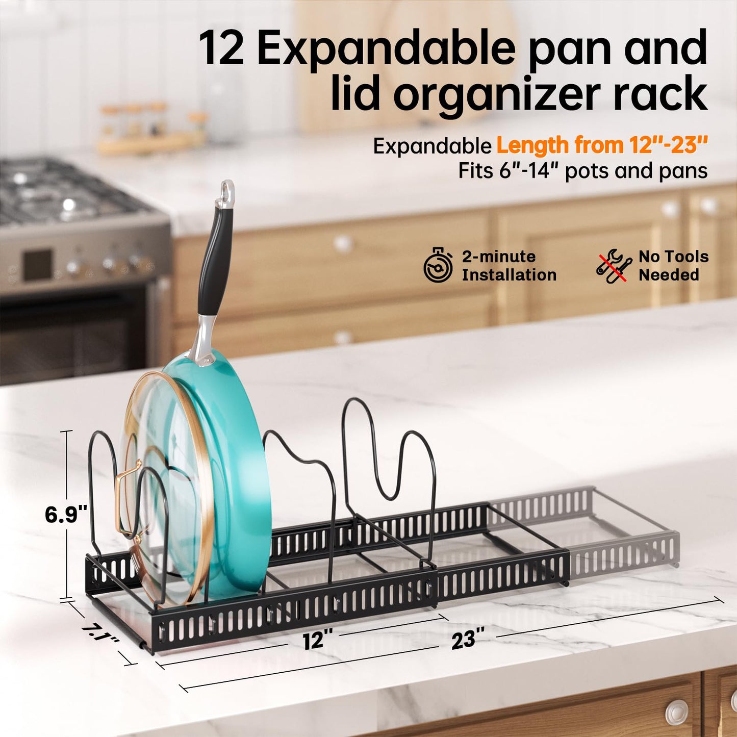 MUDEELA Pots and Pans Organizer Rack for under Cabinet, Expandable 11.81''-22.85'' Pot Lid Kitchen Cabinet Organizer Holder with 10 Adjustable Compartment Cutting Board Organizer for Pan Lid, Bakeware