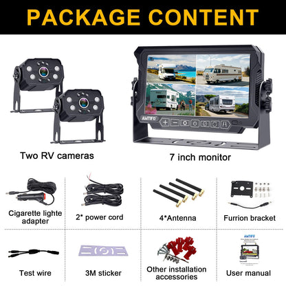 AMTIFO Wireless RV Backup Camera System - 2 HD 1080P Cameras with 7" Split-Screen Monitor,Compatible with Furrion Pre-Wired RVs,Loop Recording,Night Vision,Easy Install for Trailers Campers Trucks