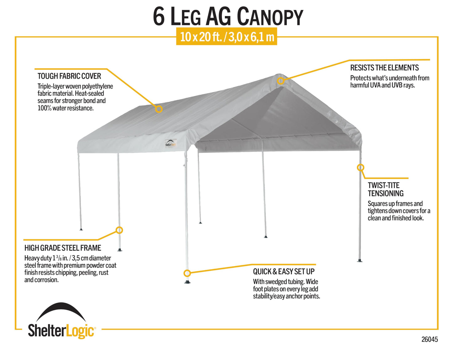 ShelterLogic 10' x 20' 6-Leg Agricultural Outdoor Shade Tent Canopy, UPF 50+, 100% Waterproof Small Storage Tent for Livestock and Crops, White