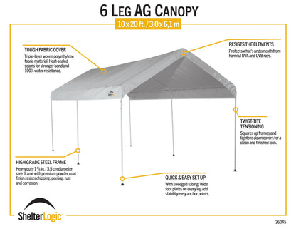 ShelterLogic 10' x 20' 6-Leg Agricultural Outdoor Shade Tent Canopy, UPF 50+, 100% Waterproof Small Storage Tent for Livestock and Crops, White