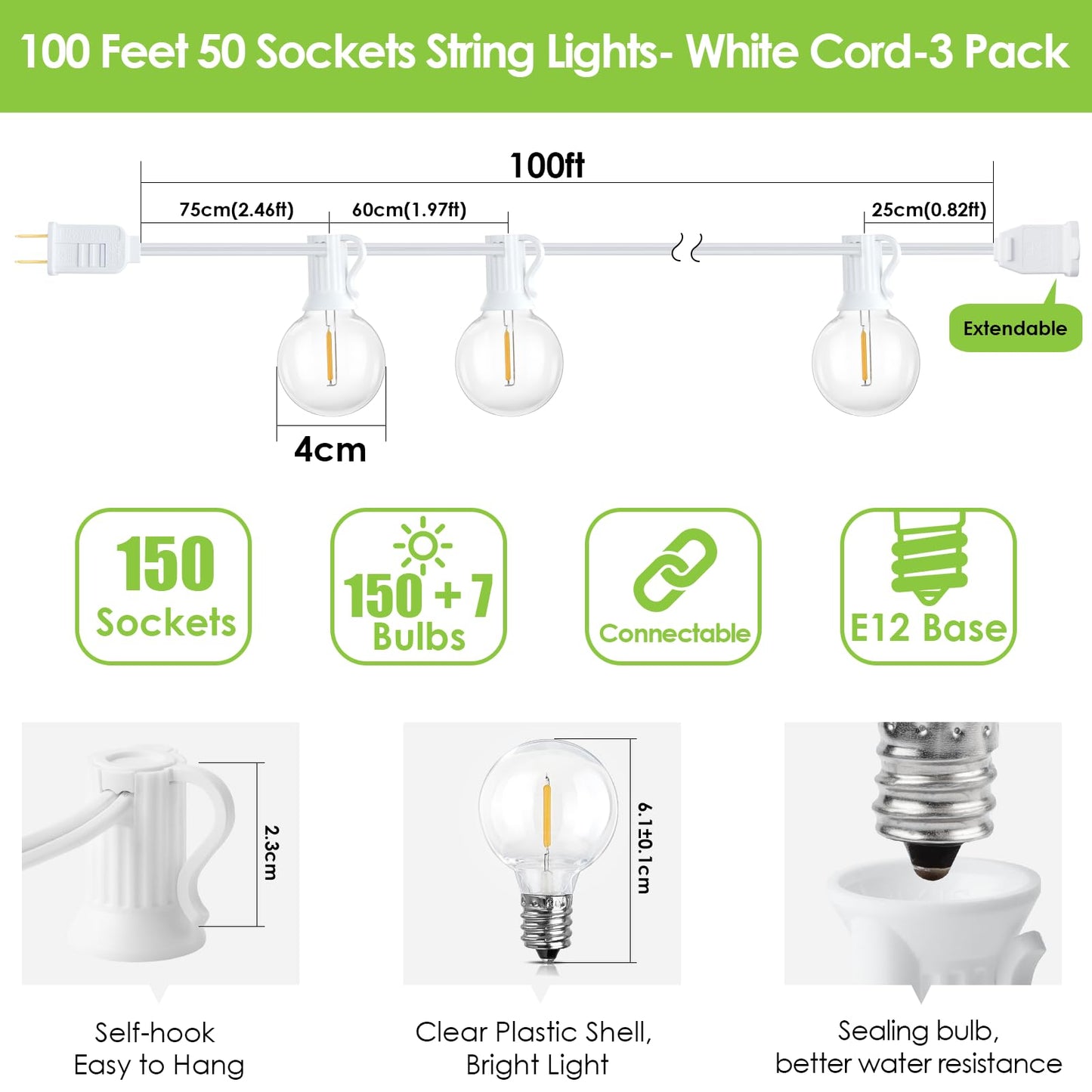 Mlambert 300Ft(3x100Ft) LED Outdoor String Lights Dimmable Waterproof G40 Globe Patio Lights with 150+7 Warm White Bulbs for Bistro Outside-White Cord