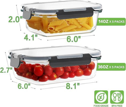 HOMBERKING Glass Meal Prep Containers - 10 Pack Airtight Food Storage with Locking Lids | BPA-Free, 36oz & 14oz