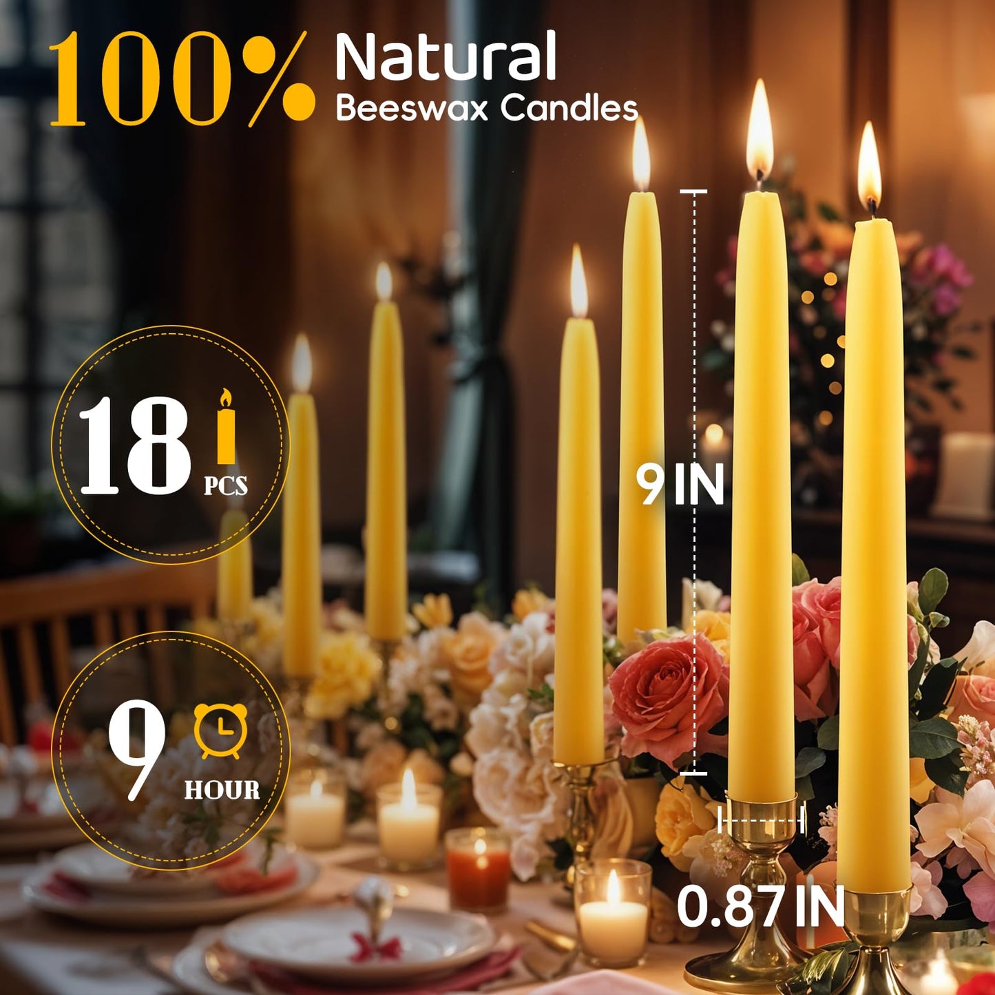 18PCS Beeswax Taper Candles,9" Handmade Natural Candles Sticks,10 Hours Long Lasting Burning,Nontoxic,Dripless and Smokeless Bees Wax Candles for Home