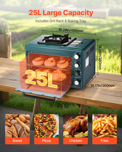 VEVOR Outdoor Camping Oven, 2-in-1 Portable Gas Camping Stove Oven Combo, Adjustable Fire, 60-Minute Timer, Windproof, for Camping Backyard Picnic Outdoor Cooking, Universal Butane Canister Compatible