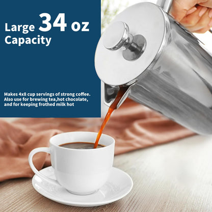 MERMOO YILAN French Press 34oz Insulated Stainless Steel Coffee Maker Unbreakable Coffee Press Easy to Clean for Home, Camping, Travel (Black)