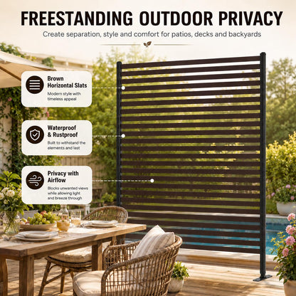 Metal Outdoor Privacy Screen Freestanding, 3 ft W x 6 ft H Rustproof Steel Pipes and Slats Panels, Decoative Privacy Screen Fence Panels Freestanding for Outside Patio Garden Backyard, Brown