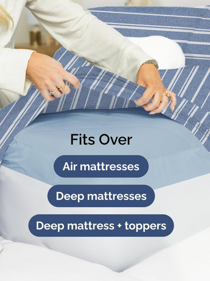 Skiennix Extra Deep King Sheet Set - 6-Piece Breathable Cooling Bedding - Luxury Soft & Wrinkle-Free - Blue Stripes