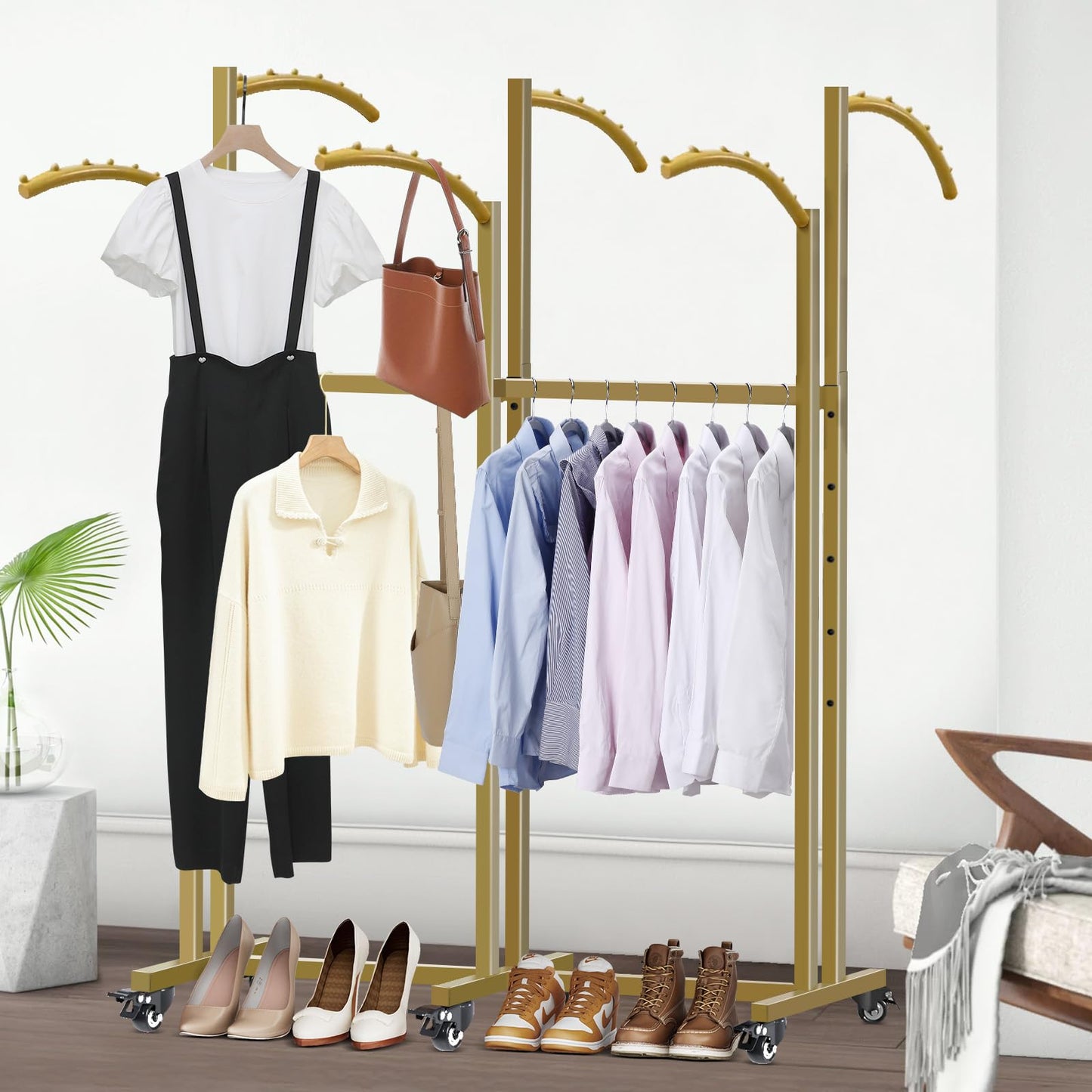 Vrietina Floor Standing Metal Garment Rack, 6 Arms Clothing Display Rack with Wheels, Heavy Duty 48'' to 67'' Adjustable Height Retail Clothes Rack Rolling Shirt Rack for Hanging Clothes, Gold