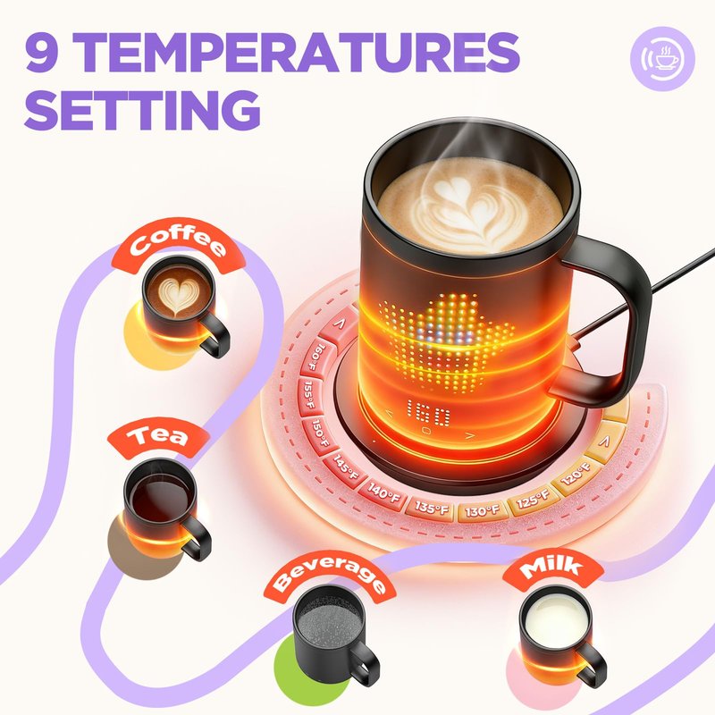 Coffee Mug Warmer with LED Pattern, Heated Coffee Mugs with 4500mAh*2 Ultra-Long Battery&±1°C Accuracy, Self Heating Mug Warmer Ideal for Coffee, Tea, Milk & Water, Coffee Warmer