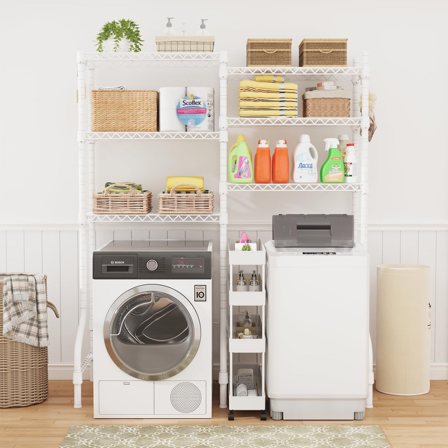 ULIFHOME U15 Over Washer and Dryer Storage Shelves, Laundry Above Washer Dryer Storage Rack Space Saver, 6-Tier Wire Shelf with 4 Hooks for Organization, 63.4"W x 17.3"D x 76.4"H, Holds 568lbs, White