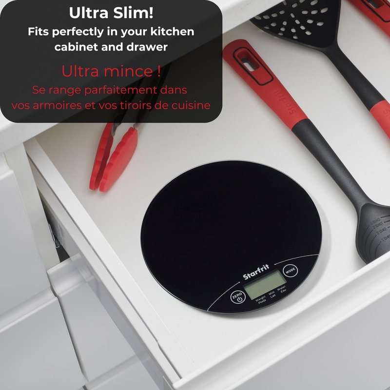 Starfrit Digital Kitchen Scale - Glass Platform - Measures Weight and Liquid Volume - 11 lb / 5 kg Capacity - Black