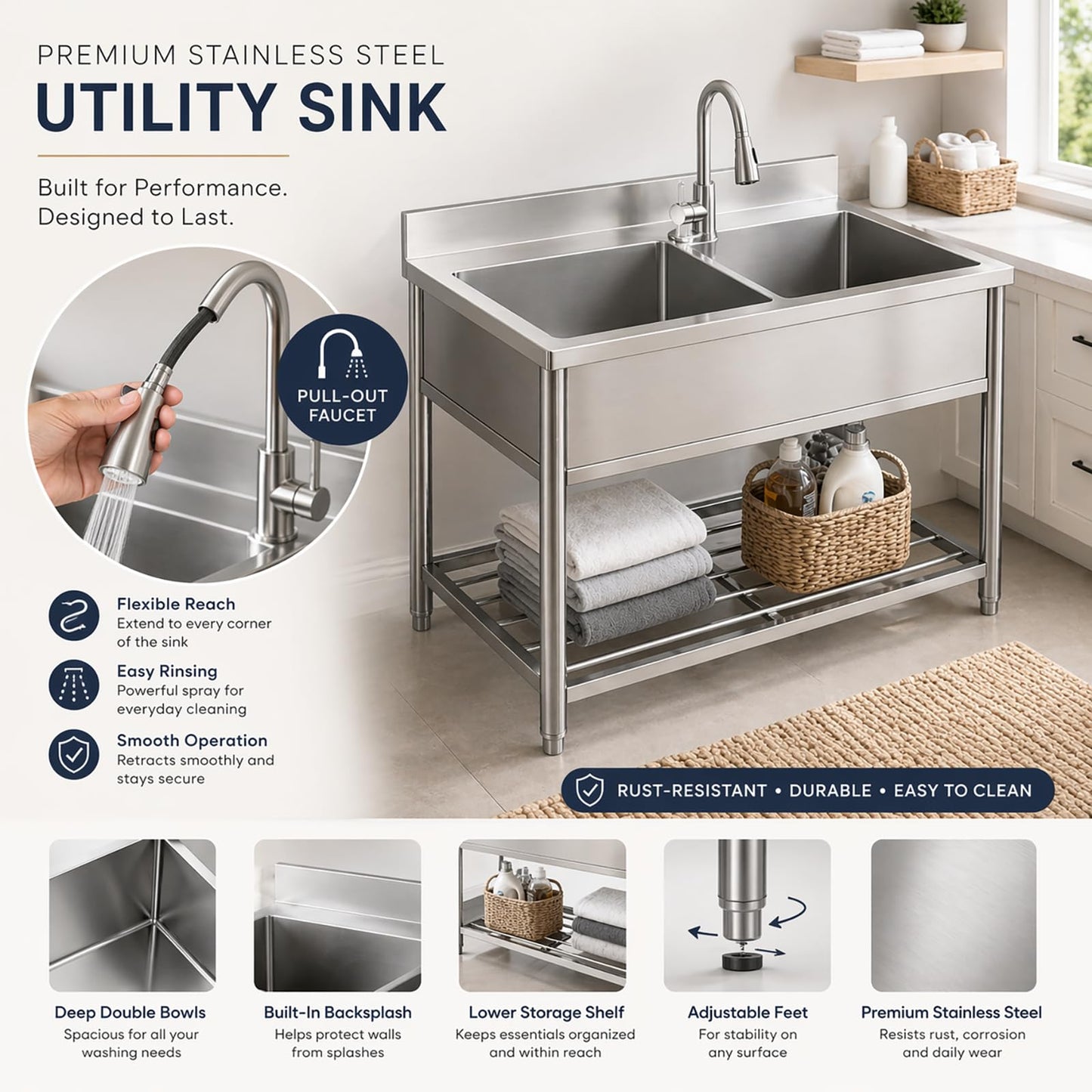 42" x 22" Freestanding Stainless Steel Utility Sink with Pull Down Faucet and Workbench Top, Extra Wide Basin for Laundry Room, Garage, or Workshop