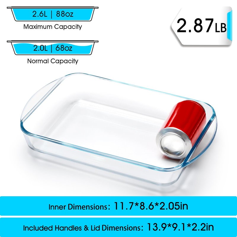 NUTRIUPS 2.6 Quart Glass Baking Dish, 9x13x2.2''(Handles Included), Rectangular Baking Dishes for Oven, Tempered Glass Casserole Dish