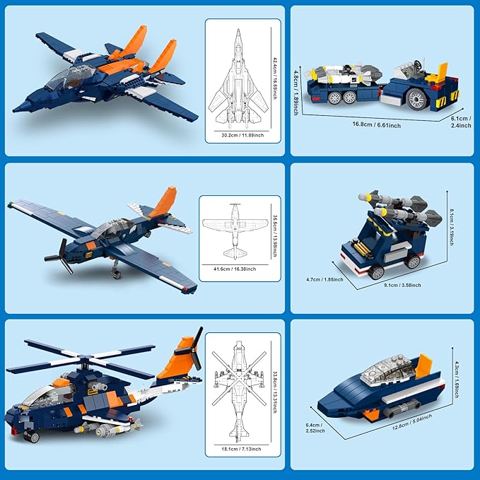HOGOKIDS 3 in 1 Fighter Jet Plane Building Sets Military Propeller Aircraft Gunship Building Toys with Vehicle/Rocket Launcher/Speedboat Model Toys Birthday Gift for Kids Boys and Girls 10+ 738PCS