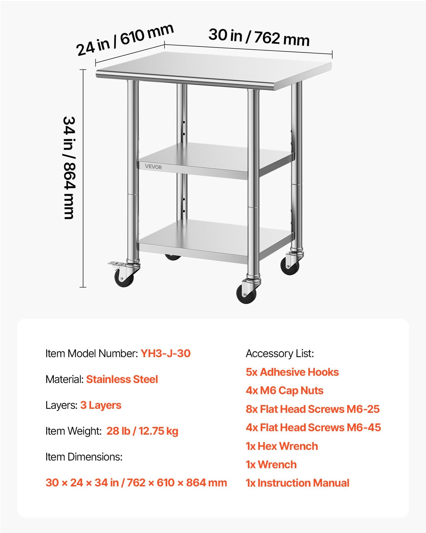 VEVOR Stainless Steel Work Table, 24x30 Inch Food Prep Table with 2 Shelves and Wheels, Commercial Kitchen Workstation, Metal Heavy Duty Utility Worktable, for Restaurant Home Hotel Garage Outdoor