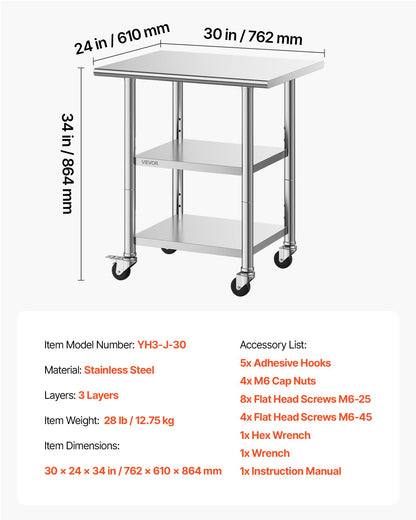 VEVOR Stainless Steel Work Table, 24x30 Inch Food Prep Table with 2 Shelves and Wheels, Commercial Kitchen Workstation, Metal Heavy Duty Utility Worktable, for Restaurant Home Hotel Garage Outdoor