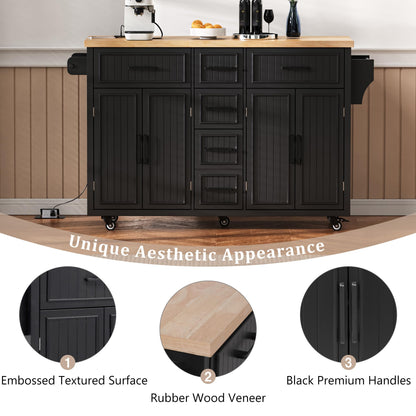 Trygoal Kitchen Island with Power Outlet and Drop Leaf, 56.5" Rolling Kitchen Cart on Wheels with 5 Drawers & 4 Soft-Closing Doors, Mobile Kitchen Island with Embossed Stripe for Dining Room, Black