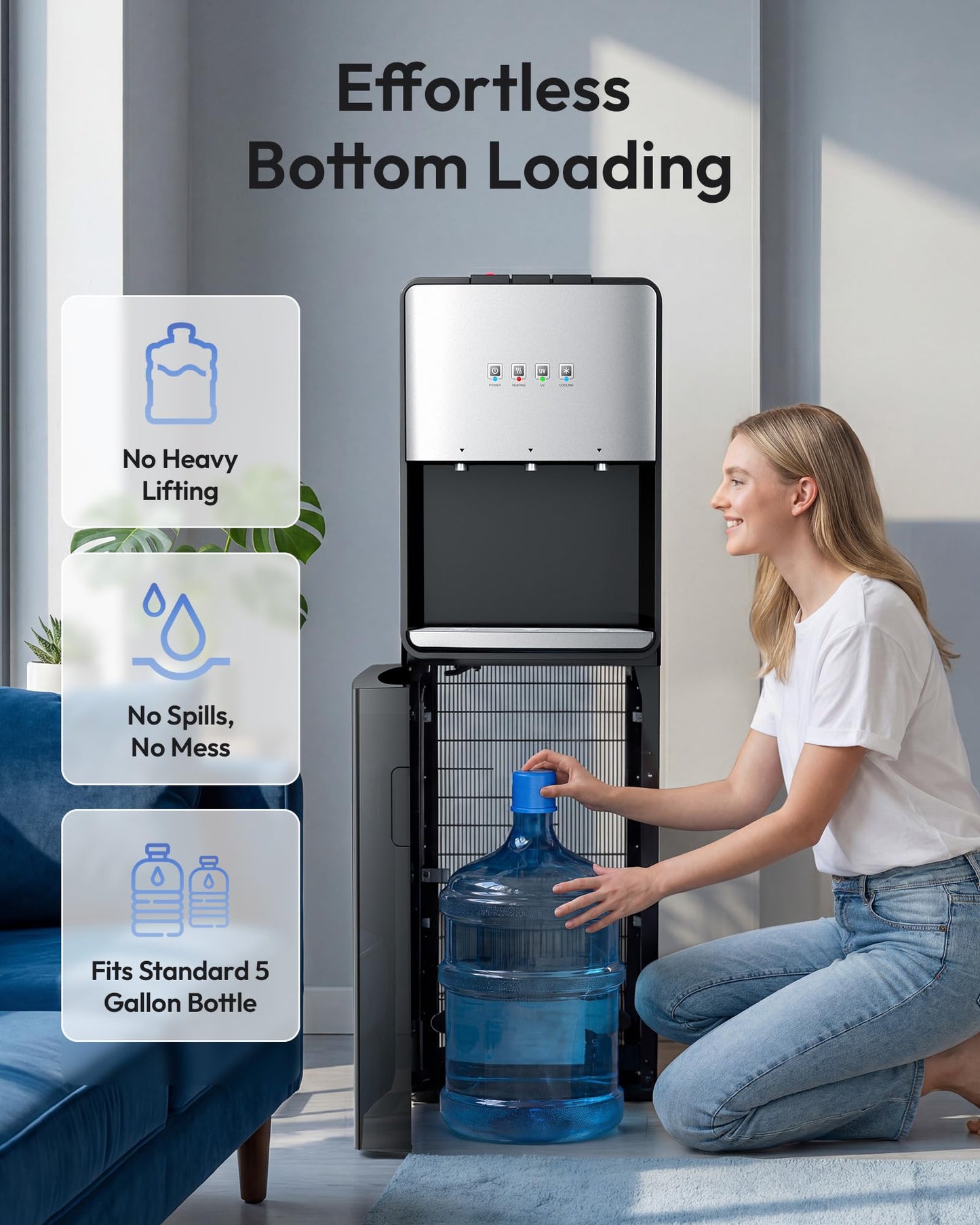 Euhomy Self-Cleaning Bottom-Loading Water Dispenser, Compatible with 5 Gallon Bottles - 3 Temperature Settings with Hot, Room & Cold Water Outlets, Childproof Lock, Night Light & LED Display，Black