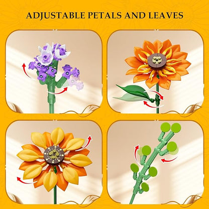 Flowers Sunflower Bouquet Building Set with Lights - 17 Flowers Botanical Collection Artificial Plant Sunflower Building Blocks Art Home Decor Easter Gifts for Adults Women Girl (1011PCS)