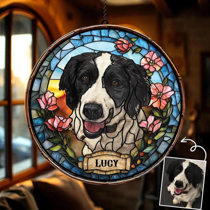 Skiennix Custom Dog Portrait Stained Glass Light Catcher - Personalized Pet Memorial Gift | Unique Sympathy Keepsake