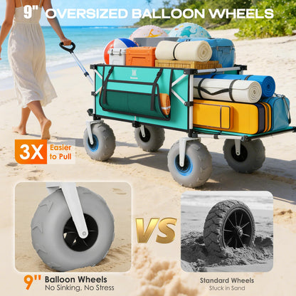 Navatiee 260L Beach Wagon with Extended Tailgate, 440lbs Heavy Duty Beach Cart with 9” Big Balloon Wheels for Sand, Collapsible Folding Wagon with Side Pocket for Outdoor, Light Blue