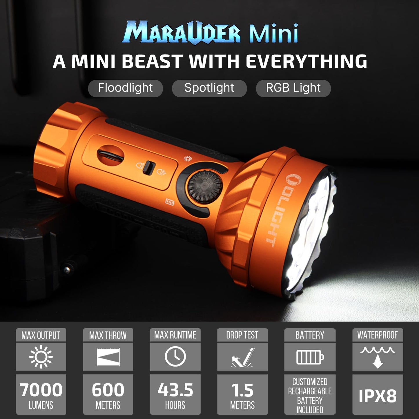 OLIGHT Marauder Mini 7,000 Lumens Bright Flashlight with 600 Meters Beam Distance, Powerful RGB Lights, Magnetic Rechargeable for Outdoors Work, Hunting, and Searching (Orange)