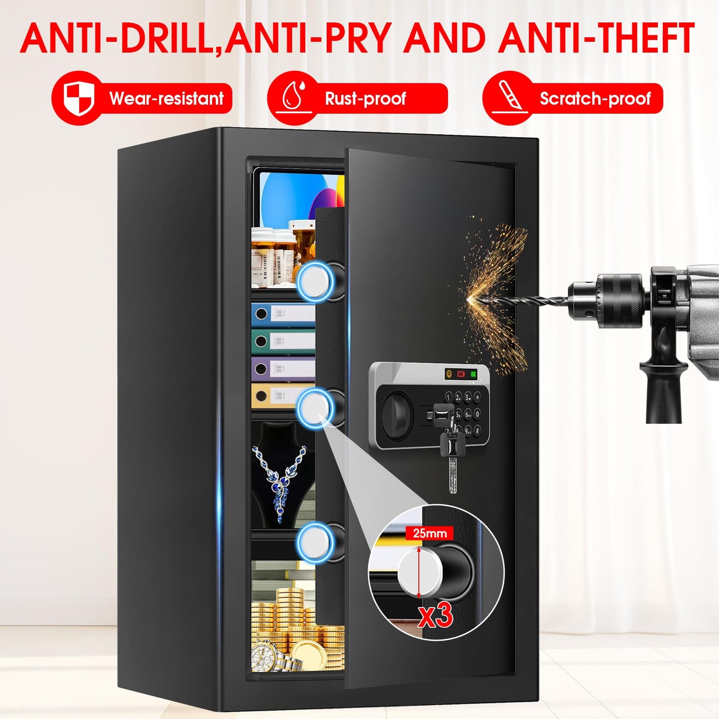 5.2 Cuft Large Floor Safe, Heavy Duty Fire Proof Safes for Home Use with Digital Keypad, Removable Shelves and Alarm System, Anti-theft Home Safe for Documents Money