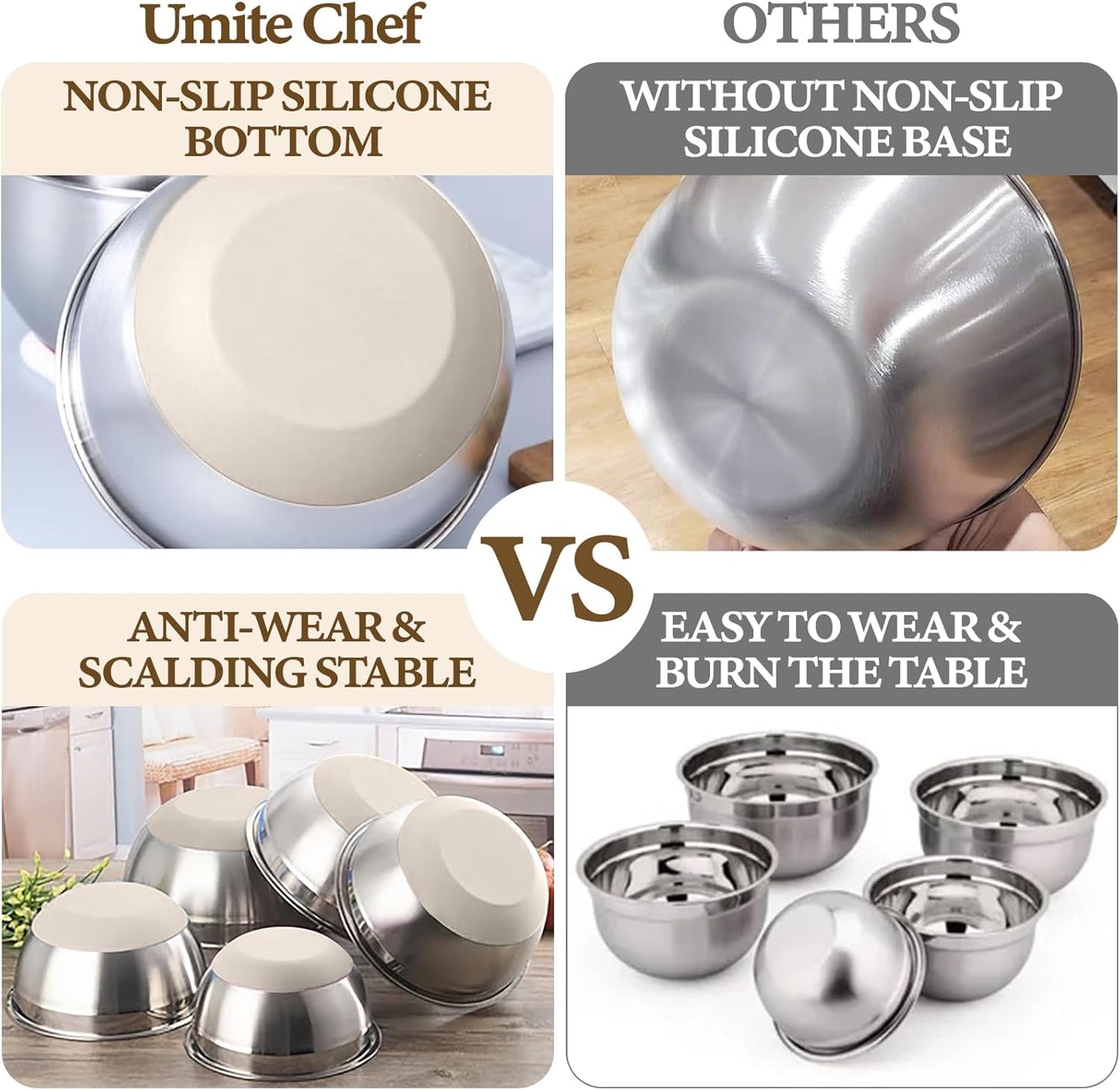 Umite Chef Mixing Bowls Set - 8PCS Stainless Steel Nesting Bowls with Airtight Lids & Grater | Khaki, Non-Slip Bottoms, 1.5QT to 5QT