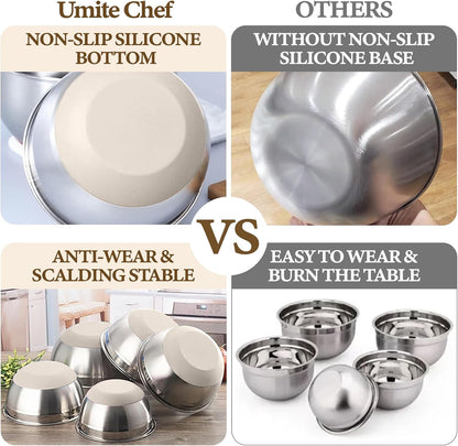 Umite Chef Mixing Bowls Set - 8PCS Stainless Steel Nesting Bowls with Airtight Lids & Grater | Khaki, Non-Slip Bottoms, 1.5QT to 5QT