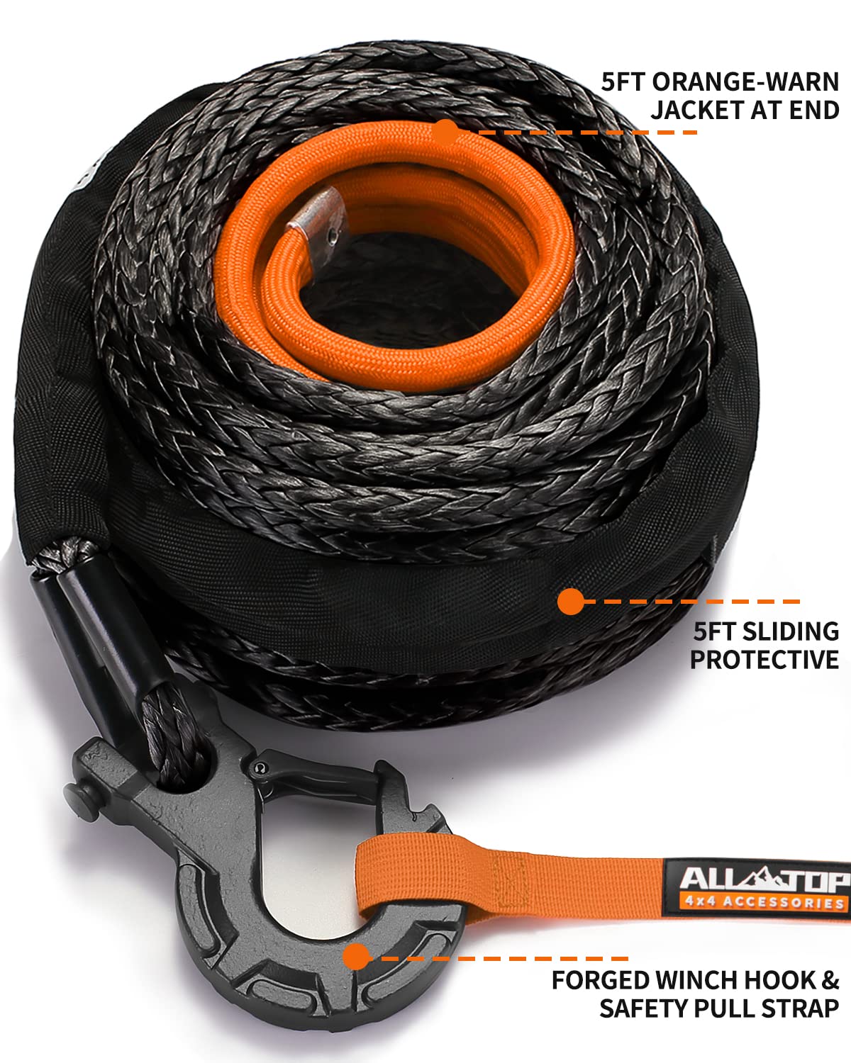 ALL-TOP Synthetic Winch Rope w/Hook & Isolator, 9/16in x 76ft, 35000Lbs UHMWPE Cable Replace Kit, Forged Hook & Rubber Stopper & Safety Pull Strap