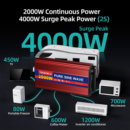 TAGEEBLU 24V 2000W Pure Sine Wave Inverter - 4000W Surge, 24V DC to 110V AC Heavy Duty Power Inverter for RV, Truck, Home, Solar, Off-Grid, Outdoor, Car Converter with Dual AC Outlets and LCD Display