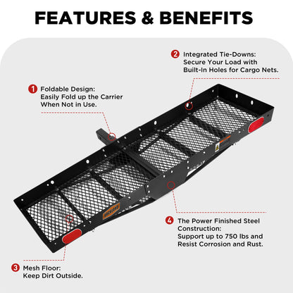 Rockland Steel Foldable Cargo Carrier with Reflectors, 750 LBS Capacity, 60" x 20" x 2.5", Hitch Mount for 2" Receivers, Compatible with Class III & IV, Folding Tray Hitch Basket for Cars SUVS Vans