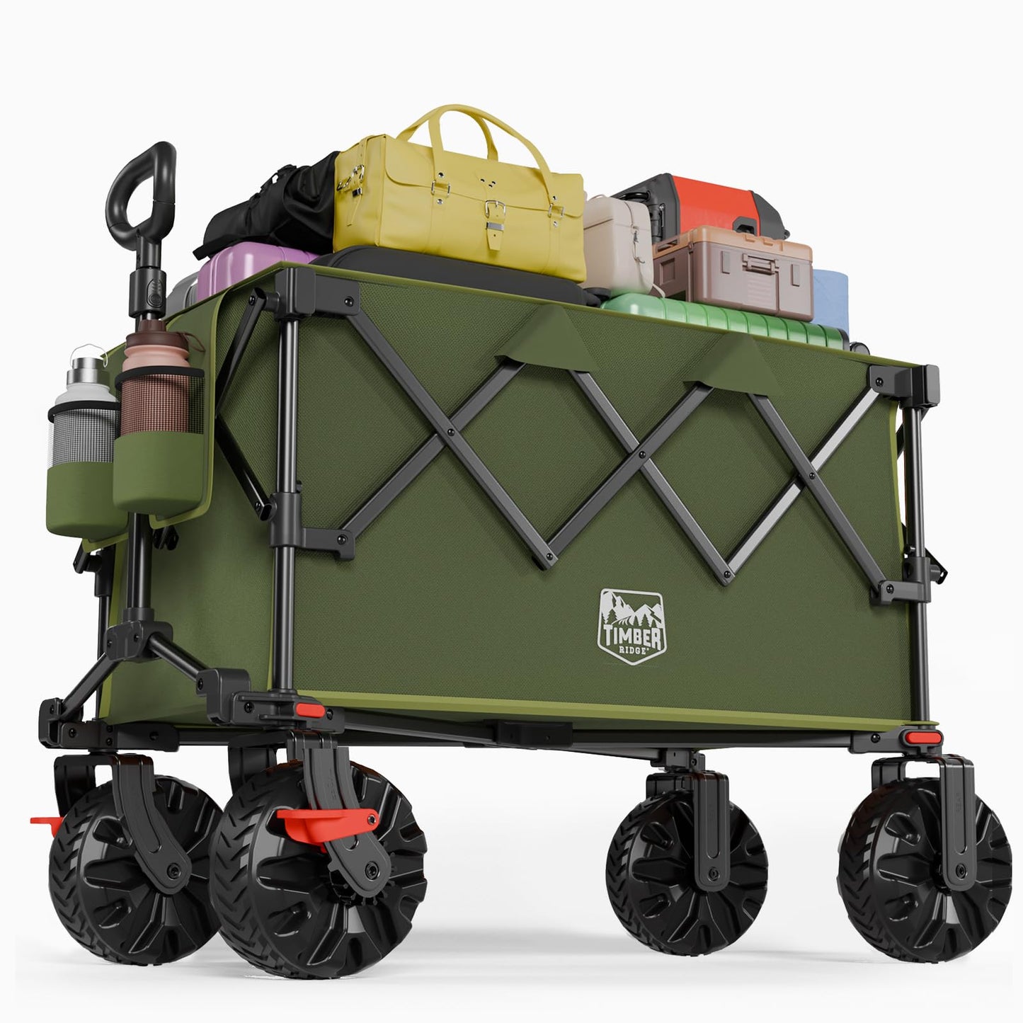 TIMBER RIDGE Outdoor Collapsible Folding Wagon with Brakes and Cup Holders, 500lbs Heavy Duty All Terrain Wheels Utility Cart for Shopping Camping Garden Sports, Green