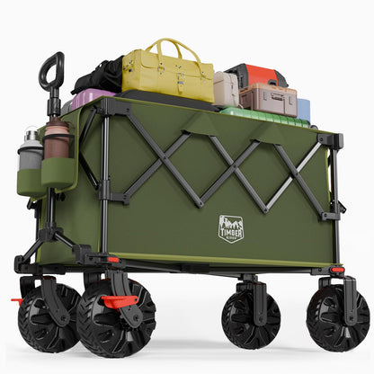TIMBER RIDGE Outdoor Collapsible Folding Wagon with Brakes and Cup Holders, 500lbs Heavy Duty All Terrain Wheels Utility Cart for Shopping Camping Garden Sports, Green