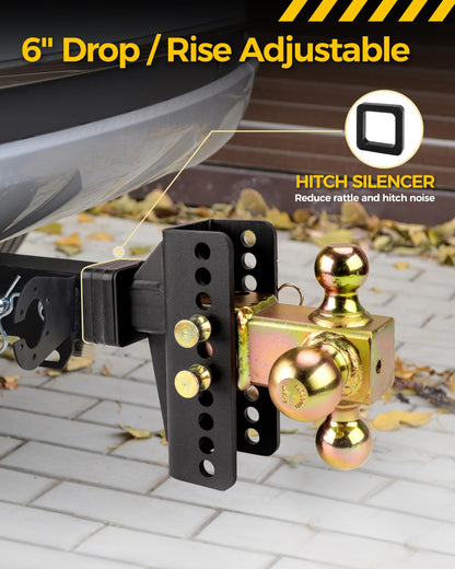 Adjustable Trailer Hitch -Drop Hitch-Tow Hitch with 2 inch Receiver-6inch Drop/Rise, （1-7/8" & 2" & 2-5/16" Ball Hitches for Trucks, 20,000 LBS GTW, Trailer Hitches with Anti-Theft Pin, Black