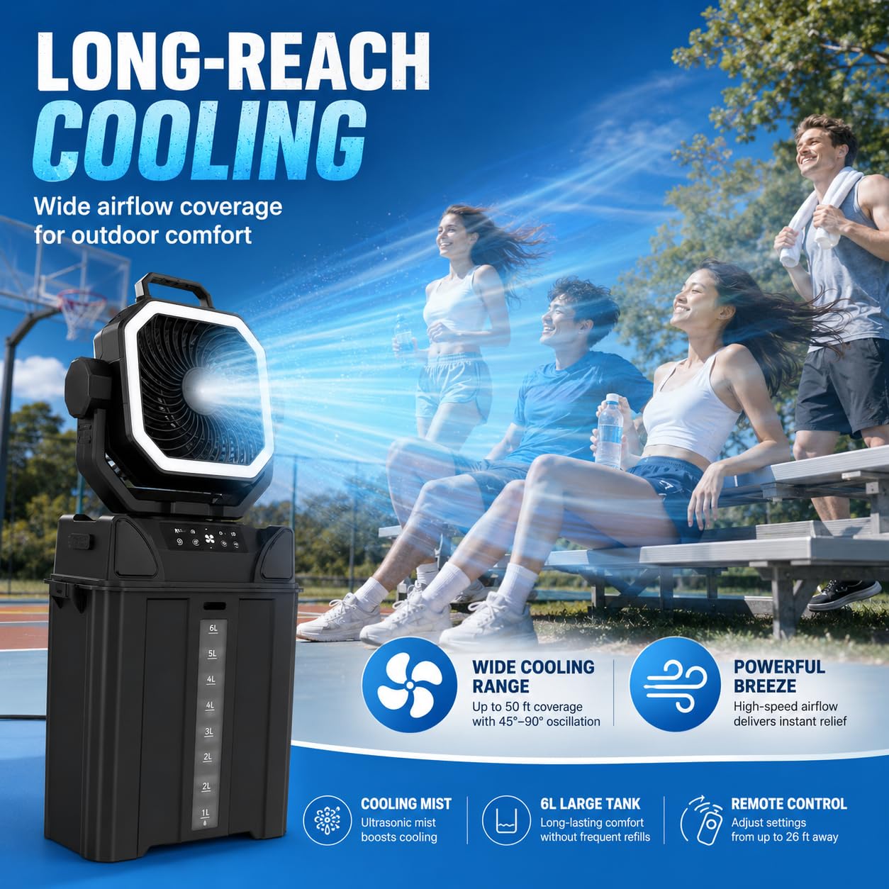Eauah Portable Misting Fan, Heavy Duty Outdoor Misting Fan with 40000mAh Battery, Large Misting Fan Outdoor, Portable Patio Fan with Remote, Oscillating Camping Cooling Fan, 6L Water Tank (Black)