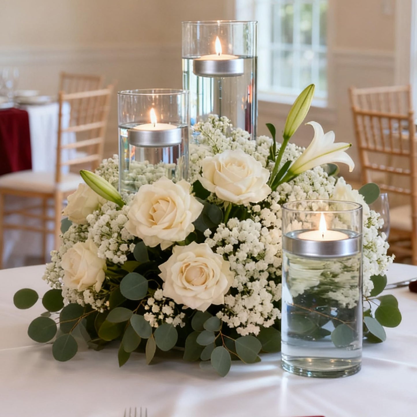 3 inch Silver Floating Candles 8-9 Hours Floating Candle for Centerpieces 36 Packs Unscented Floating Candles 3” Water Candles for Cylinder Vases, Pool, Wedding