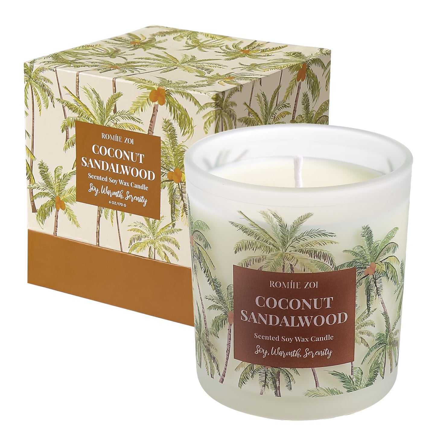 ROMIIE ZOI Coconut & Sandalwood Scented Candle - 6oz Soy Wax Candle for Home Scented, Stress Relief Candle Gifts for Women/Men