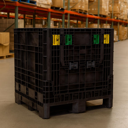 Buckhorn 32" x 30" x 34" Collapsible Bulk Box Container, Standard Duty Plastic Stacking Gaylord Box with 4-Way Forklift Access and 2 Drop Doors, 1700 lb Capacity Storage Tote, Black (BN32303420)