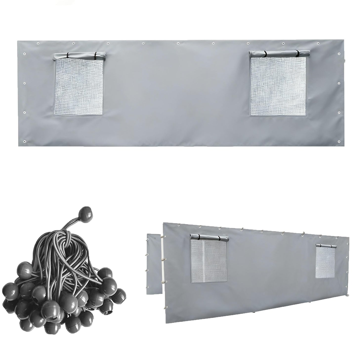 Rutile 10x20 Carport Replacement Sidewall, 180G PE Waterproof & UV Protected Sidewall Cover (Gray, Sidewall kit Panel Set of 4 with Mesh Windows)