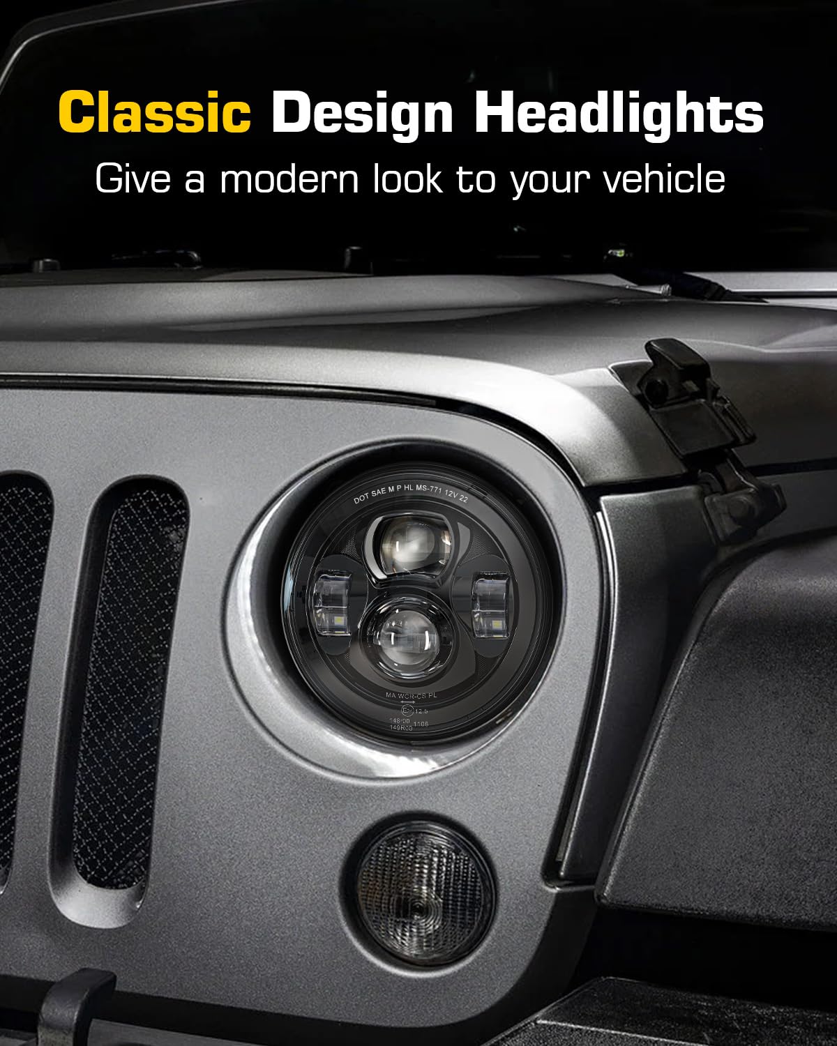 1000% Bright 7 Inch LED Headlights Round H6024 Compatible with Jeep Wrangler JK JKU TJ LJ CJ Ford Chevy GMC Miata etc High/Low Sealed Beam Headlamp Replacement DOT Approved Black 1 Pair