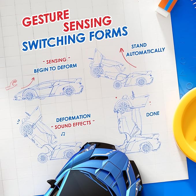 Holyton Big 1:10 Scale Transform RC Car &amp Robot – One-Button Transformation Gesture Sensing LED Lights Music &amp Fog Spray 2 Batteries 80 Mins Play Birthday Gift for Boys Girls Ages 3-12