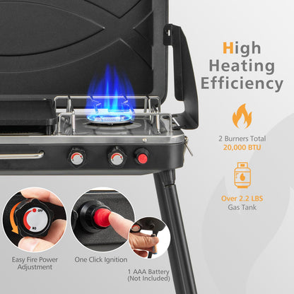 Moccha 2-Burner Propane Camping Stove - Portable Camp Grill w/Dual Control Knobs, Detachable Legs, 3-Sided Wind Screen, 20,000 Total BTUs, Outdoor Grill Stove for Tailgating BBQ Picnic (Black)