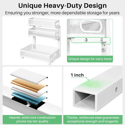 Kitstorack Under Sink Organizer - 2-Pack Adjustable Metal Cabinet Shelf | Slide-Out Storage for Kitchen & Bathroom