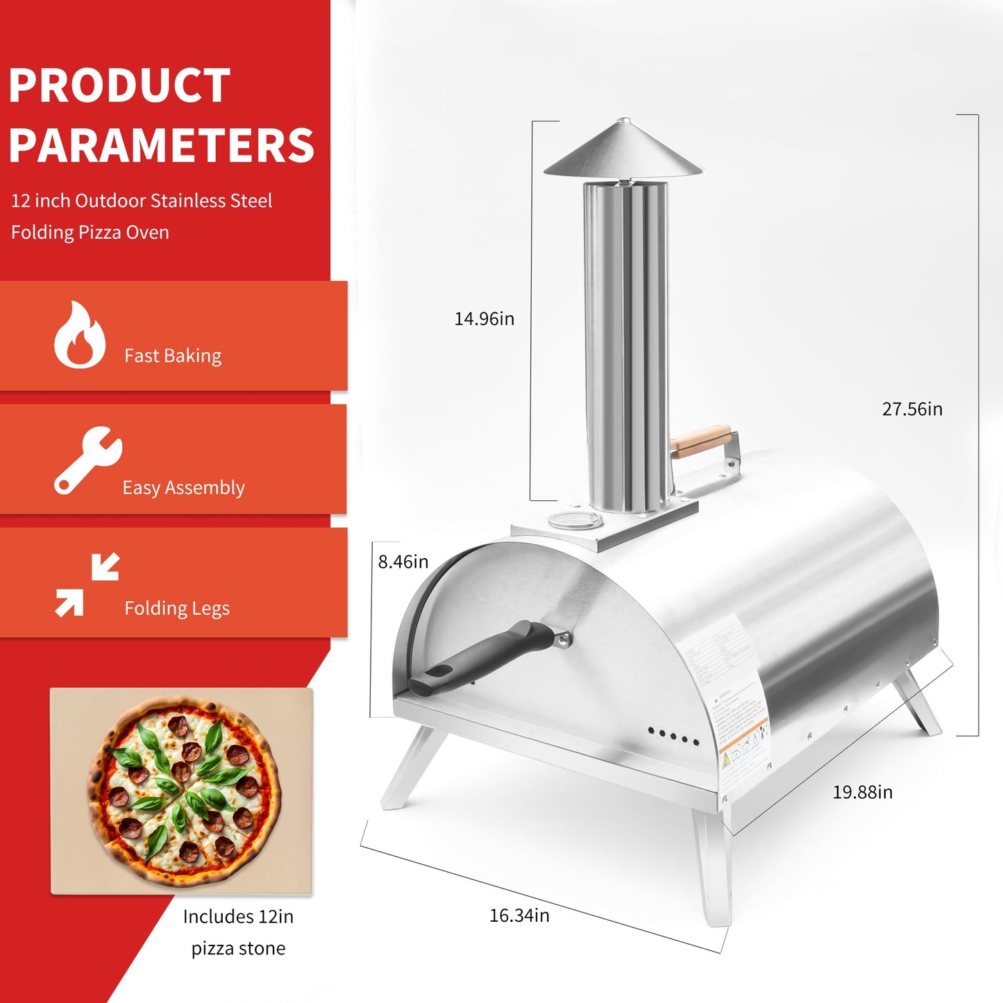 12" Wood Pellets Pizza oven with Thermometer – Portable Wood Fired Pizza stove, Stainless Steel, Quick Heat-Up, 12" Pizza Stone for Camping and Outdoor Cooking, Great Gift for Camping Enthusiasts