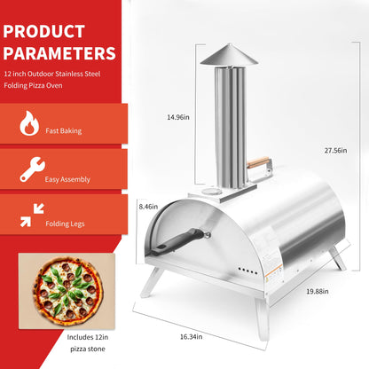12" Wood Pellets Pizza oven with Thermometer – Portable Wood Fired Pizza stove, Stainless Steel, Quick Heat-Up, 12" Pizza Stone for Camping and Outdoor Cooking, Great Gift for Camping Enthusiasts