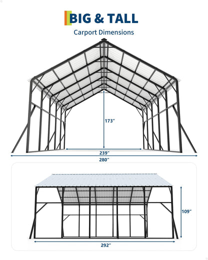 GarveeLife 20x25 ft Vertical Roof Metal Car Port, with 120° Steep-Pitch Roof for Snow Shedding, 173" High-Clearance RV & Tractor Shelter, Heavy-Duty 2 Cars Car Port with Reinforced Frame
